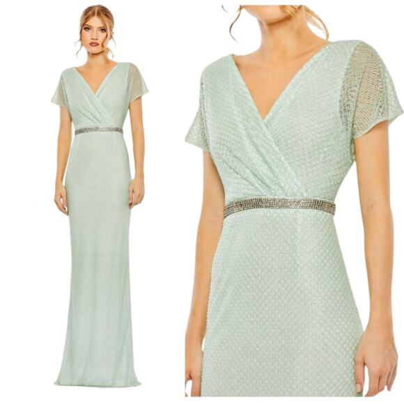 Mac Duggal Dresses & Skirts - Mac Duggal 93994 Sage Green Beaded Wrap Short Sleeve Gown Size 8